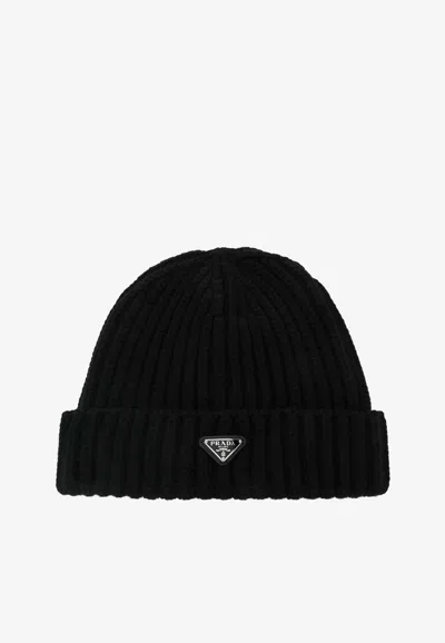 Prada Wool Beanie Hat Folded Brim Ribbed Design In Black