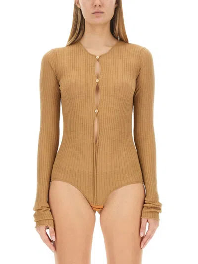 Sportmax Ribbed Slim Fit Bodysuit With Button Closure In Brown