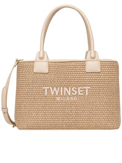 Twinset Parchment Rectangular Woven Handbag In Brown