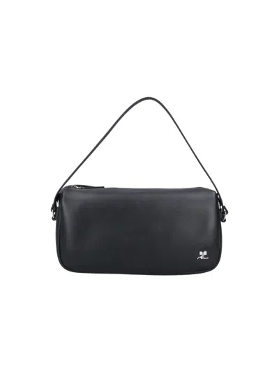 Courrèges Rectangular Black Calf Leather Shoulder Bag With Zip Closure In Black