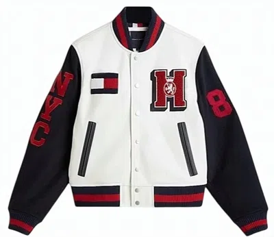 Tommy Hilfiger Leather Wool College Bomber Jacket In Multi