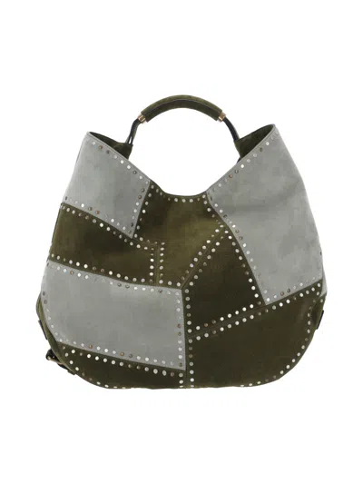 Moschino Green Patchwork Studded Leather Handbag In Multi