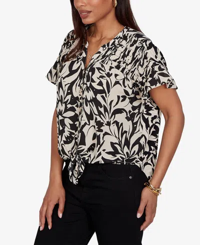 Ruby Rd. Petite Mono Floral Button Tie-front Blouse In Black
