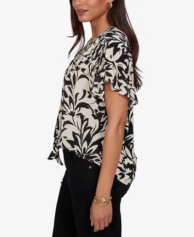 Ruby Rd. Petite Mono Floral Button Tie-front Blouse In Black