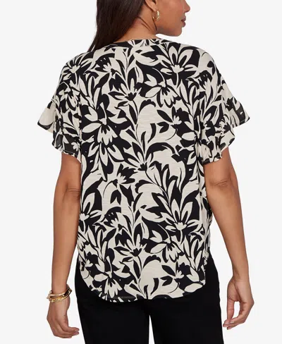 Ruby Rd. Petite Mono Floral Button Tie-front Blouse In Black