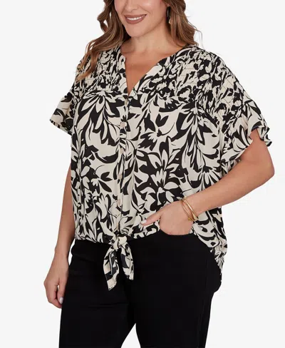 Ruby Rd. Plus Size Mono Floral Button Tie Front T-shirt In Multi