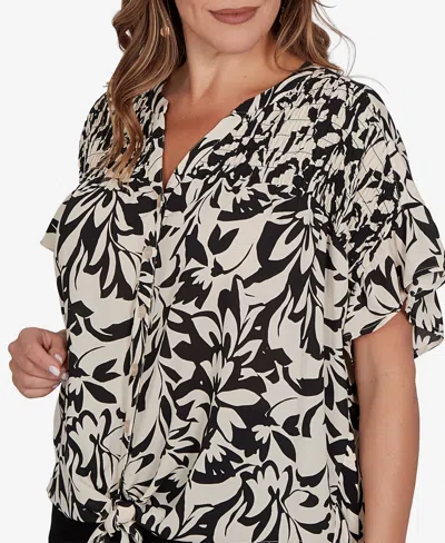 Ruby Rd. Plus Size Mono Floral Button Tie Front T-shirt In Multi