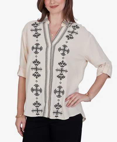 Ruby Rd. Petite Embroidered Gauze Button-front Top In Multi