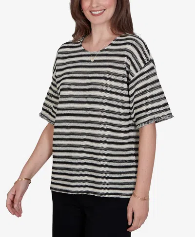 Ruby Rd. Petite Textured Stripe Fringe Sleeve T-shirt In Black