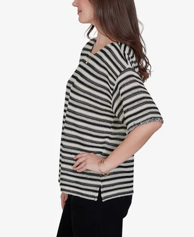 Ruby Rd. Petite Textured Stripe Fringe Sleeve T-shirt In Black