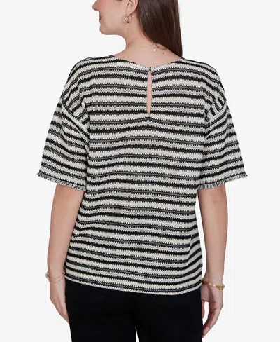 Ruby Rd. Petite Textured Stripe Fringe Sleeve T-shirt In Black