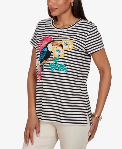 Ruby Rd. Petite Embellished Toucan Stripe Knit T-shirt In Multi