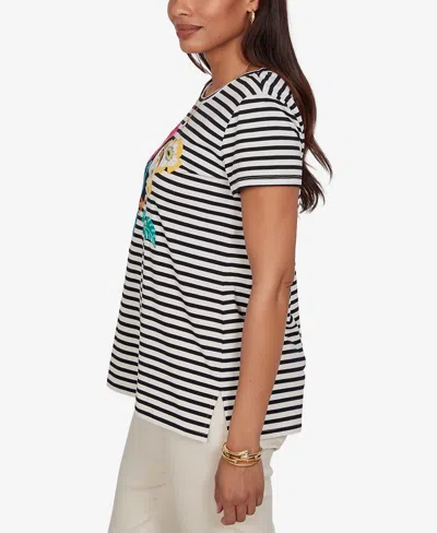 Ruby Rd. Petite Embellished Toucan Stripe Knit T-shirt In Multi