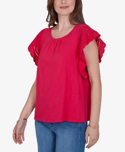 Ruby Rd. Petite Crochet Sleeve Solid Cotton Blouse In Red
