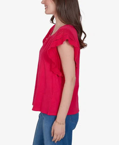 Ruby Rd. Petite Crochet Sleeve Solid Cotton Blouse In Red