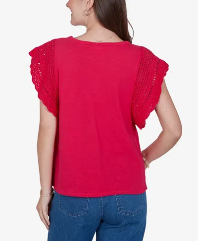 Ruby Rd. Petite Crochet Sleeve Solid Cotton Blouse In Red