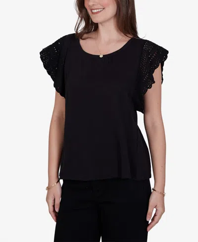 Ruby Rd. Petite Crochet Sleeve Solid Cotton Blouse In Black