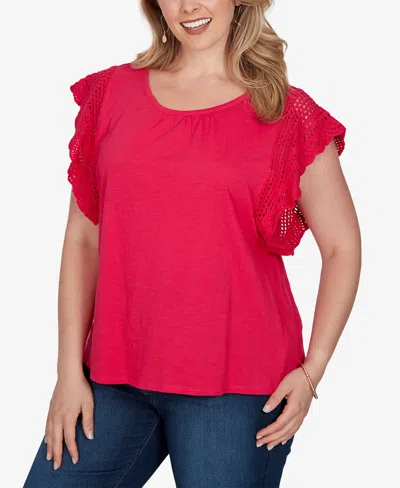 Ruby Rd. Plus Size Crochet Sleeve Solid Cotton T-shirt In Red