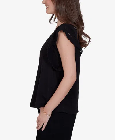 Ruby Rd. Petite Crochet Sleeve Solid Cotton Blouse In Black