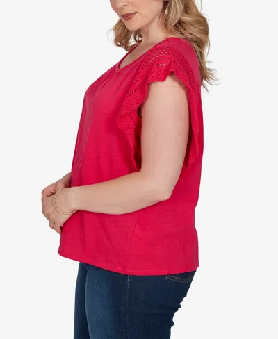 Ruby Rd. Plus Size Crochet Sleeve Solid Cotton T-shirt In Red