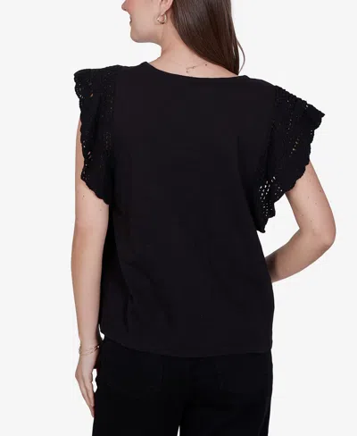 Ruby Rd. Petite Crochet Sleeve Solid Cotton Blouse In Black