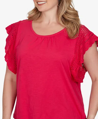 Ruby Rd. Plus Size Crochet Sleeve Solid Cotton T-shirt In Red