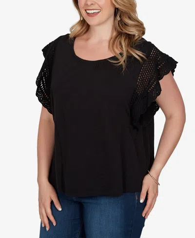 Ruby Rd. Plus Size Crochet Sleeve Solid Cotton T-shirt In Black
