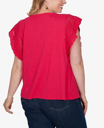 Ruby Rd. Plus Size Crochet Sleeve Solid Cotton T-shirt In Red