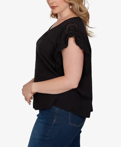 Ruby Rd. Plus Size Crochet Sleeve Solid Cotton T-shirt In Black