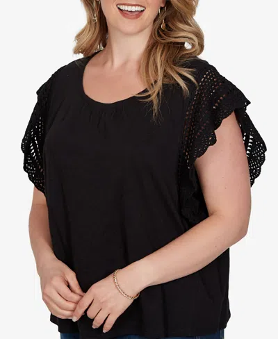 Ruby Rd. Plus Size Crochet Sleeve Solid Cotton T-shirt In Black