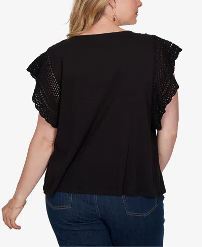 Ruby Rd. Plus Size Crochet Sleeve Solid Cotton T-shirt In Black