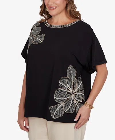 Ruby Rd. Plus Size Floral Noir Embroidered Knit T-shirt In Black