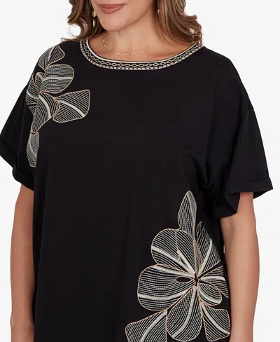 Ruby Rd. Plus Size Floral Noir Embroidered Knit T-shirt In Black