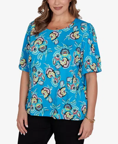 Ruby Rd. Plus Size Etched Floral Puff Print T-shirt In Blue