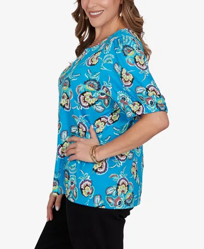 Ruby Rd. Plus Size Etched Floral Puff Print T-shirt In Blue