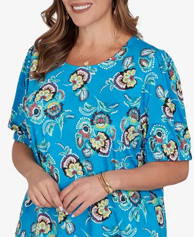 Ruby Rd. Plus Size Etched Floral Puff Print T-shirt In Blue