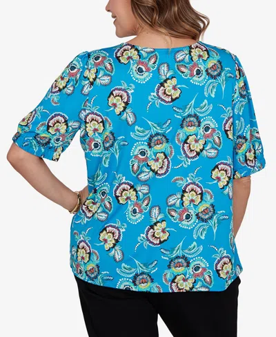 Ruby Rd. Plus Size Etched Floral Puff Print T-shirt In Blue