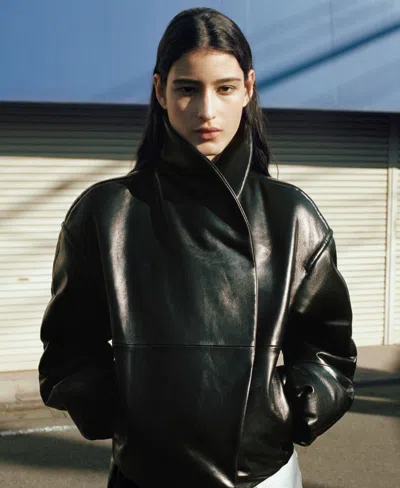 Mango Women's Oversized Leather Bomber Jacket In Black