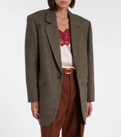Saint Laurent Herringbone Wool-blend Blazer In Brown