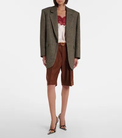 Saint Laurent Herringbone Wool-blend Blazer In Brown