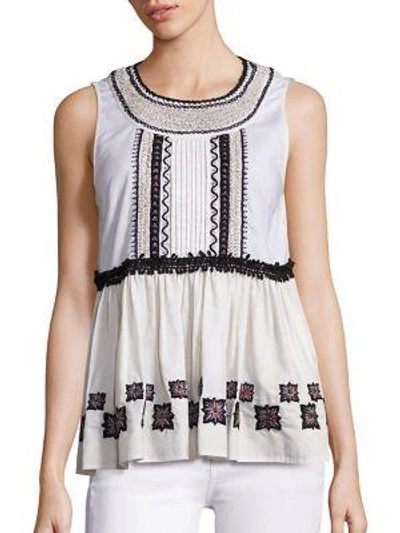 Suno Embroidered Cotton Leaf Sleeveless Top In White
