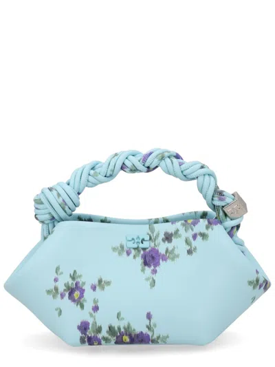 Ganni Mini Bag Structured Shape Floral Pattern Handle In Blue