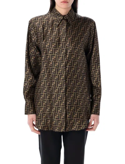 Fendi Silk Shirt With Curved Hem And Fabric-covered Buttons In Brown