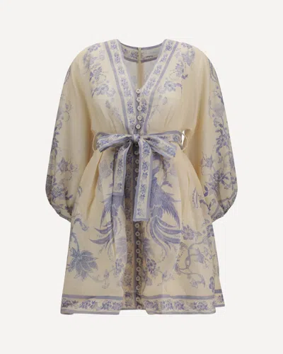 Zimmermann Womens Indra Plunge Linen Mini Dress Cream Lilac Floral In Yellow