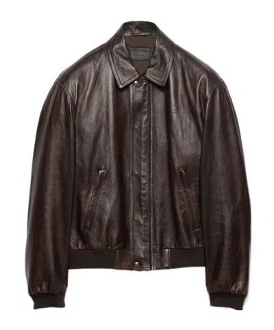 Prada Nappa Leather Bomber Jacket In Brown