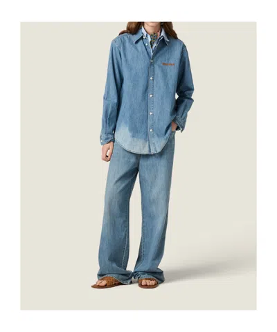 Miu Miu Logo Embroidery Chambray Denim Shirt In Blue