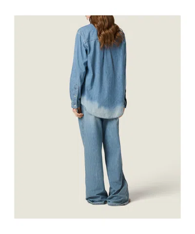 Miu Miu Logo Embroidery Chambray Denim Shirt In Blue