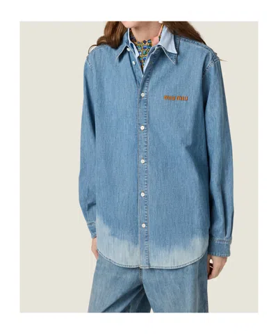 Miu Miu Logo Embroidery Chambray Denim Shirt In Blue