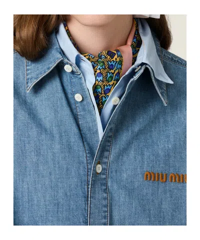 Miu Miu Logo Embroidery Chambray Denim Shirt In Blue