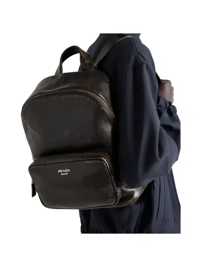 Prada Distressed Nappa Leather Backpack In Brown
